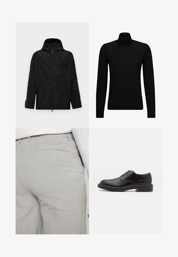 Melnas ūdensnecaurlaidīgas jakas ar kapuci, rāvējslēdzēju priekšpuses daļā un divām sānu kabatām. Iekļauj nelielu rāvējslēdzēja krūšu kabatu un gludu tekstūru.; Melnā augstā kakla džemperis, kas izgatavots no mīksta materiāla, ar garām piedurknēm un pieguļušu piegriezumu. Ribota apdare ap apakšu un piedurknēm. Vienkāršs dizains.; Gaiši pelēkas pielāgotas bikses no teksturēta auduma, ar vienu aizmugurējo kabatu un tīru šuvju apdari.; Melna āda sašūta kurpe ar noapaļotu purngalu, gludu tekstūru, minimālu šuvju skaitu un zemu gumijas papēdi. Logo uz papēža.