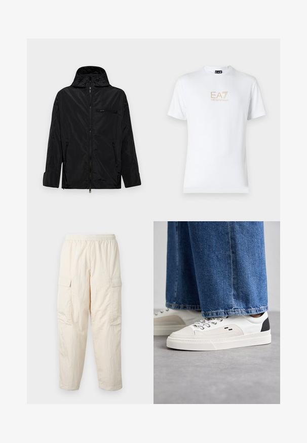 Fekete vízálló dzseki kapucnival, cipzáras elülső résszel és két oldalsó zsebbel. Kis cipzáras mellzsebbel rendelkezik, sima tapintású.; Fehér pamut póló, kerek nyakkivágással és rövid ujjakkal, az elején arany EA7 Emporio Armani logóval nyomtatva.; Beige cargo nadrág, elasztikus derékkal, két oldalzsebbel és puha, könnyű anyagból készült. Gyűrött textúra.; Fehér és fekete sportcipők sima bőrből készült felsőrésszel, texturált díszítésekkel és vastag fehér talppal. Klasszikus fűzős kivitel jellemzi.