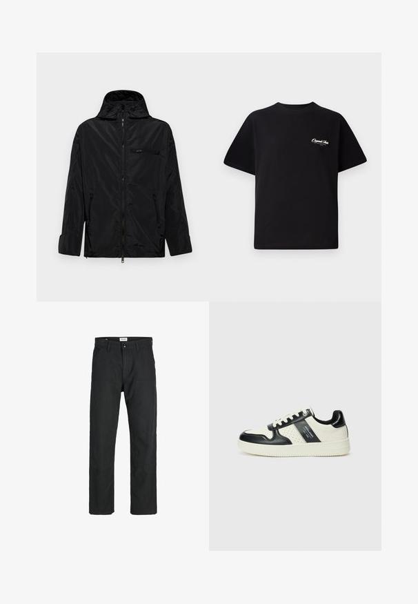 Črna vodoodporna jakna s kapuco, zadrgo spredaj in dvema stranskima žepoma. Ima majhen žep na prsih z zadrgo in gladko teksturo.; Črna bombažna majica s krožno ovratnikom, kratkimi rokavi in majhnim belim logotipom na levem prsnem delu. Preprost dizajn, klasičen kroj.; Črne hlače iz trpežnega materiala, s krojem naravnih nog, našitki ter dvema sprednjima žepoma za funkcionalnost.; Usnjeni športni čevlji z črno in krem barvno shemo, ki vključujejo perforirane dodatke, podložen ovratnik in strukturirano podplat.