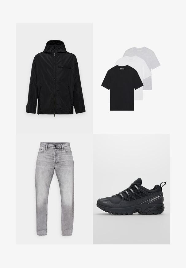 Svart vanntett jakke med hette, glidelås foran og to sidelommer. Har en liten glidelåslomme på brystet og en glatt tekstur.; Sett med tre grunnleggende t-skjorter i svart, hvitt og lys grå. Korte ermer, rund hals, laget av glatt bomullsstoff. Merkevaren synlig.; Grå denim jeans med rett passform, featuring en falmet vask, femlommers design, og standard knapp- og glidelåsåpning.; Svarte joggesko med mesh-overdel, gummisåle og reflekterende detaljer. Har en polstret såle og snøring.