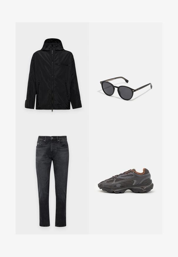 Fekete vízálló dzseki kapucnival, cipzáras elülső résszel és két oldalsó zsebbel. Kis cipzáras mellzsebbel rendelkezik, sima tapintású.; Fekete hosszú ujjú pamut póló, kerek nyakkivágással, bal mellen egy kis zöld hímzett krokodil logóval.; Fekete farmernadrág egyenes szabással, öt zsebes dizájnnal és cipzáras záródással. Finom kopás és varrás részletek a zsebeken.; Sötét szürke Lacoste sportcipők hálós és szintetikus anyagból, textúrázott talppal és barna díszítésekkel a nyak részen és a logón.; BOSS Napszemüvegek - black