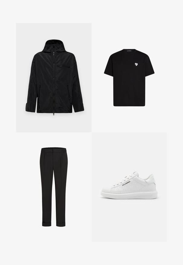 Melnas ūdensnecaurlaidīgas jakas ar kapuci, rāvējslēdzēju priekšpuses daļā un divām sānu kabatām. Iekļauj nelielu rāvējslēdzēja krūšu kabatu un gludu tekstūru.; Melna kokvilnas t-krekls ar īsām piedurknēm, apaļu kakla izgriezumu un nelielu baltu sirds grafiku kreisajā krūšu daļā.; Melni bikses ar elastīgu jostu, ar taisna piegriezuma dizainu un sarullētām piedurknēm. Izgatavotas no gluda, auduma bez rakstiem.; Balti sporta apavi, kas izgatavoti no gludas ādas ar reljefotu rakstu. Iemaukti apaļā purngalā, ar auklām un teksturētu zoli. Sudraba logo detaļa sānos.