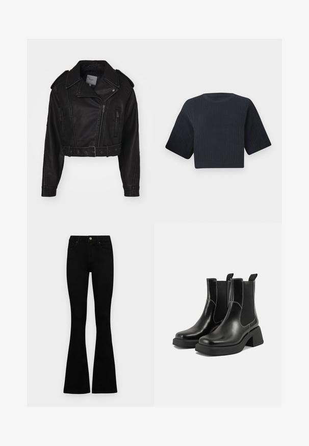 Kratka črna usnjena jakna z zadrgo, ramenskimi epoleti in stranskimi žepi. Ima pas z naramnicami in gladko teksturo.; Temno modri skrajšani pleteni pulover z rebrasto teksturo, kratkimi širokimi rokavi in okroglim izrezom. Preprost dizajn, brez vidnih vzorcev ali poudarkov.; Črne visokotopne kavbojke z gumbom in zadrgo, sprednjimi žepi in razširjenimi hlačnicami, poleg bel background.; Črne usnjene Chelsea škornje s širokim petami, elastičnimi stranskimi ploščami in kontrastnim belim šivanjem. Teksturirana površina.