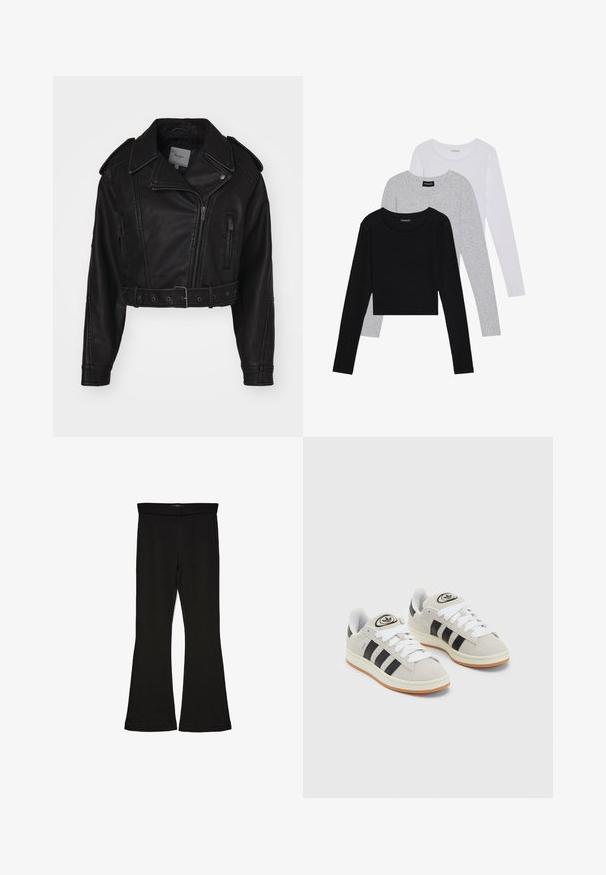 Kirpimas juodos odos striukė su užtrauktuku, pečių epauletėmis ir šoninėmis kišenėmis. Yra diržas liemeniui ir lygi tekstūra.; Trijų ilgomis rankovėmis marškinėlių krūva: juodas, pilkas ir baltas. Kiekvienas turi apvalų iškirpimą ir trumpą dizainą, pagamintas iš lygaus, lengvo audinio.; Juodos flared tipo legginsai, pagaminti iš tamprios medžiagos. Yra platus juosmuo ir lygus paviršius, su prie kūno priglundančiu siluetu, kuris pločiasi ties apatine dalimi.; Grynos zomšos sneakeriai su baltais raišteliais, juodomis juostelėmis ir balta gumine sole. Turintys apskritą logotipą ant liežuvėlio ir guminę sole.