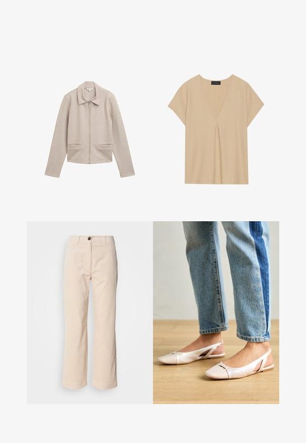 Ljus beige zip-up jacka med krage, långa ärmar och två framfickor. Tillverkad av ett ribbat, strukturerat tyg.; Beige topp med V-urringning och korta ärmar. Lättviktig, strukturerad tyg med centrala veckdetaljer. Enkel, avslappnad design.; Beiga corduroybyxor med raka ben, framknäppning och sidofickor synliga på en vit bakgrund.; Ljust rosa slingback-lägenheter med spetsig tå, tillverkade av ett slätt läderliknande material. Har utskurna detaljer på sidorna och en platt häl.