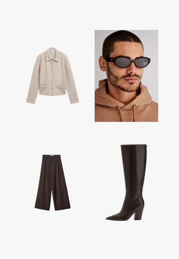 Light beige zip-up jacket with a collared neckline, long sleeves, and two front pockets. Made of a ribbed, textured fabric.; Burgundy long-sleeve top made of soft fabric, featuring a wide circular neckline and a slightly curved hem for a relaxed fit.; Black wide-leg trousers with a high waist, featuring front pleats and a button closure at the waist, made from smooth fabric.; Brown leather knee-high boot with a pointed toe and block heel. Features a smooth texture and side zipper for easy wear.; Black sunglasses with an oval lens shape, dark tinted lenses, and a thick frame. Subtle gold hardware accents on the temples.; Black woven handbag with a rounded shape, textured surface, and a single top handle. Features a sleek, minimalist design with no visible hardware.