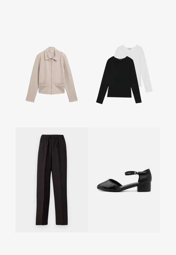 Jachetă crem deschis, cu fermoar, guler și mâneci lungi, având două buzunare frontale. Fabricată dintr-un material texturat, cu caneluri.; Două bluze cu mânecă lungă, una neagră și una albă, ambele având un guler pătrat și fiind confecționate dintr-un material moale și elastic.; Pantaloni negri, cu picioare largi, cu un tiv elastic și șnur ajustabil. Realizați dintr-un material neted, ușor, fără modele vizibile.; Pantofii cu bareta la gleznă, negri, cu vârful ascuțit, au un superior texturat și un tocul mic, pătrățos, pentru stabilitate. Materialul este o combinație de piele moale și țesătură sintetică.