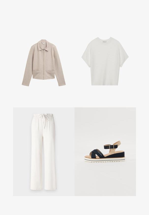 Gai krēmraudens zīmuljakas ar apkakles izgriezumu, garām piedurknēm un divām priekšējām kabatām. Izgatavota no rievota, teksturēta auduma.; Balta īsā piedurknē T-krekls ar plašu apļa kaklu un teksturētu ribu rakstu, izgatavots no mīksta auduma, ar brīvu piegriezumu un tīru dizainu.; Baltas platās bikses, izgatavotas no mīkstas auduma, ar punktu jostas vietā un gludu tekstūru. Nav redzami raksti vai rotājumi.; Tumši zili zābaki ar divām auduma siksnām, regulējamu potītes siksnu un teksturētu bēša aizmuguri. Bieza, balta, izgriezta zole. Zīmola nosaukums uz siksnas.