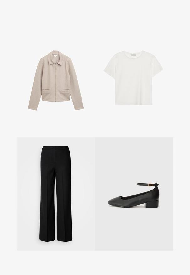 Light beige zip-up jacket with a collared neckline, long sleeves, and two front pockets. Made of a ribbed, textured fabric.; White short-sleeve T-shirt made of soft cotton. Features a round neckline and relaxed fit. Clean design with no visible patterns or accents.; Black wide-leg trousers with a smooth fabric, featuring a high waist, tailored seams, and a minimalist design. No visible hardware or pockets.; Black leather pump with a pointed toe and a low block heel. Features an ankle strap with a gold-tone buckle. Smooth texture.