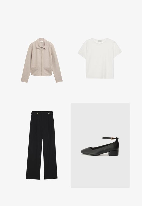 Lichtbeige zip-up jack met een kraag, lange mouwen en twee voorzakken. Gemaakt van een geribbelde, gestructureerde stof.; Witte T-shirt met korte mouwen, gemaakt van zachte katoen. Heeft een ronde halslijn en een relaxte pasvorm. Schoon ontwerp zonder zichtbare patronen of accenten.; Zwarte wijde broek met hoge taille, knoopdetails op de tailleband en plooien aan de voorkant.; Zwarte leren pump met een spitse neus en een lage blokhak. Beschikt over een enkelband met een goudkleurige gespsluiting. Gladde textuur.