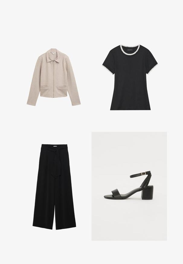 Giacca a zip beige chiaro con colletto, maniche lunghe e due tasche frontali. Realizzata in un tessuto a coste e strutturato.; T-shirt nero con texture a coste, colletto rotondo con bordi ondulati bianchi, e maniche corte con dettagli ondulati coordinati.; Pantaloni neri a gamba larga caratterizzati da un tessuto testurizzato, una vita elastica e una cintura staccabile per una vestibilità regolabile.; Sandalo nero con tacco alto, caratterizzato da una tomaia in pelle liscia, punta aperta, ampie fasce frontali e cinturino a caviglia regolabile con un dettaglio in fibbia dorata.
