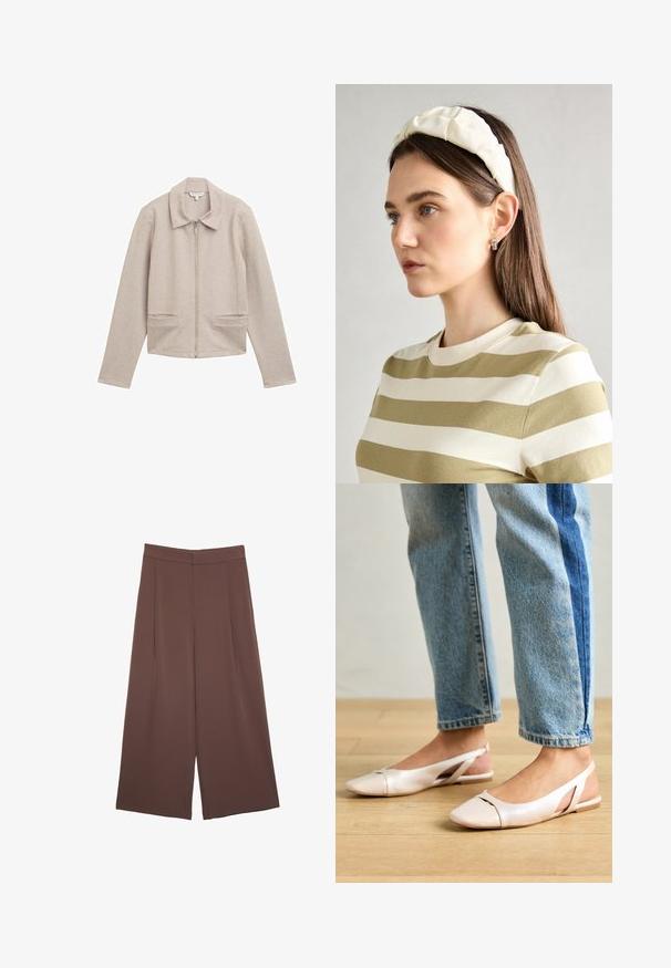 Helle beige Zip-Jacke mit Kragen, langen Ärmeln und zwei vorderen Taschen. Aus einem gerippten, strukturierten Stoff gefertigt.; Weißes T-Shirt mit kurzen Ärmeln aus Baumwolle. Hat einen Rundhalsausschnitt und eine lockere Passform. Glatte Textur ohne sichtbare Muster oder Akzente.; Braune Weite-Leg-Hosen mit einer glatten Textur, hoher Taille und Vorderfalten. Der Stoff ist leicht und fällt locker.; Blassrosa Slingback-Ballerinas mit spitzem Punkt, aus einem glatten, lederähnlichen Material. Mit Ausschnitten an den Seiten und einem flachen Absatz.; Cremfarbener gepolsterter Haarreif mit gedrehtem Design, kombiniert mit einem beigen und weißen gestreiften Shirt mit rundem Halsausschnitt. Dezente Schmuckakzente.
