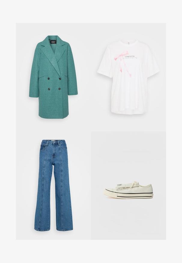 Teal wool-blend coat with a double-breasted design, wide lapels, and black buttons. Features side pockets and a relaxed fit.; White short-sleeve t-shirt featuring a pink ribbon graphic and the text "COQUETTE" in black. Soft fabric with a relaxed fit.; Light blue high-waisted jeans feature a wide-leg design, made from denim with a textured finish and front seam detailing.; Canvas sneakers in off-white, low-cut design, with a rounded toe, black stripes on the sole, and three eyelets for laces. No visible logos.