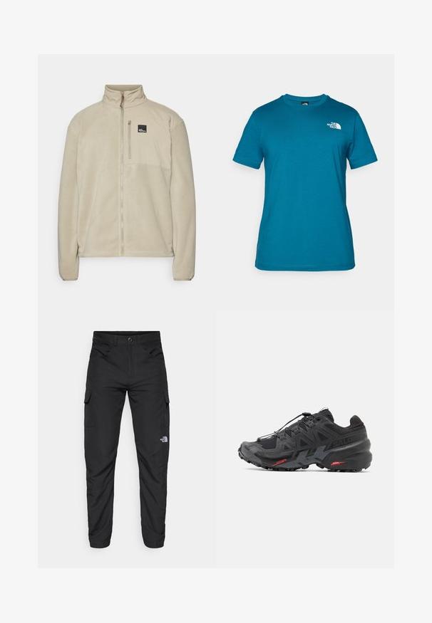 Veste en polaire beige avec un col montant, fermeture éclair intégrale à l'avant et une poche poitrine zippée. Présente un patch logo sur le côté supérieur gauche.; T-shirt à manches courtes teal en coton doux, arborant un logo blanc imprimé sur le côté gauche de la poitrine et un col rond classique.; The North Face HORIZON PANT - Pantalons outdoor - black; Baskets de running noires avec tige en synthétique, design texturé et accents rouges contrastants. Équipées d'un système de laçage sécurisé et d'une semelle extérieure robuste.