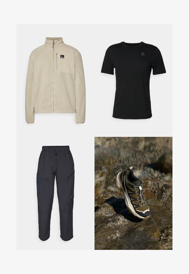 Beige fleece jacket with a high collar, full zip front, and a zippered chest pocket. Features a logo patch on the upper left side.; Black t-shirt made from lightweight fabric, featuring a round neckline, short sleeves, and a small brand logo on the upper left.; Black cargo pants made from a lightweight, water-resistant material; features elastic waistband, multiple zippered pockets, and tapered legs.; Hiking shoe in olive green and black with pink accents. Features a textured upper, flexible sole, reinforced toe cap, and colorful lacing system.