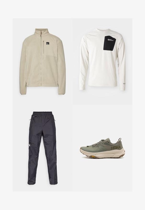 Beige fleecejack met een hoge kraag, volledige ritssluiting aan de voorkant en een ritszak op de borst. Beschikt over een logopatch aan de bovenkant aan de linkerkant.; Jack Wolfskin PRELIGHT TRAIL CREW - Longsleeve - pale sand; Zwarte waterdichte broek gemaakt van lichtgewicht, gestructureerd materiaal. Voorzien van een elastische tailleband en ritszakken.; Groene Hoka hardloopschoen met Gore-Tex bovenwerk, gestructureerde accenten, elastische veters en dikke beige buitenzool met Vibram-logo.