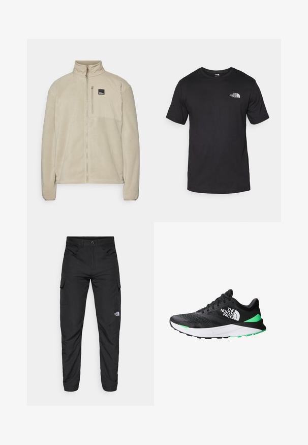 Giacca in pile beige con colletto alto, zip anteriore completa e tasca sul petto con zip. Presenta una patch con il logo sulla parte superiore sinistra.; T-shirt nera a maniche corte in cotone, con scollatura rotonda e un piccolo logo bianco nell'area superiore sinistra del petto.; The North Face HORIZON PANT - Pantaloni outdoor - black; Scarpa sportiva nera con tomaia in mesh, intersuola bianca, dettagli verdi e suola in gomma testurizzata. Presenta il logo del marchio sul lato.