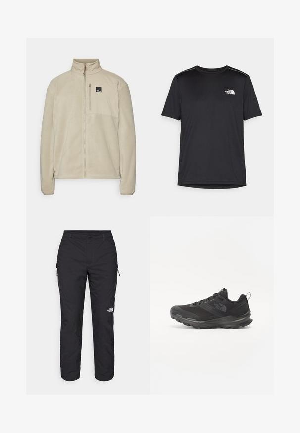 Beige Fleecejacke mit hohem Kragen, durchgehendem Reißverschluss und einer Reißverschluss-Brusttasche. Mit einem Logo-Patch auf der oberen linken Seite.; Schwarzes T-Shirt mit kurzen Ärmeln aus leichtem Stoff. Mit einem kleinen weißen Logo auf der linken Brust und dezenten Akzenten an den Schultern.; The North Face WINTER EXPLORATION TAPERED CARGO - Outdoor-Hose - black; Schwarzer Sportschuh mit Mesh-Obermaterial, Gummisohle und gepolstertem Schaft. Verfügt über Schnürsenkel, Logo an der Seite und ein strukturiertes Design.