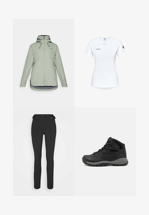 Hellgrüne wasserdichte Jacke mit Kapuze, Reißverschluss, verstellbaren Kordeln und Seitentaschen. Hat einen längeren Rücken.; Kurzärmliges weißes Sportshirt mit Rundhalsausschnitt, das ein Logo auf der Brust und eine glatte, leichte Stofftextur aufweist.; Schwarze, enganliegende Hosen aus einem flexiblen Material. Zu den Merkmalen gehören eine seitliche Reißverschlusstasche, vorgeformte Knie und eine glatte Textur.; Schwarzer Wanderstiefel mit einem mittelhohen Design, ausgestattet mit einer strukturierten Oberfläche, grauen Akzenten und einer robusten Gummisohle mit Profilstollen.