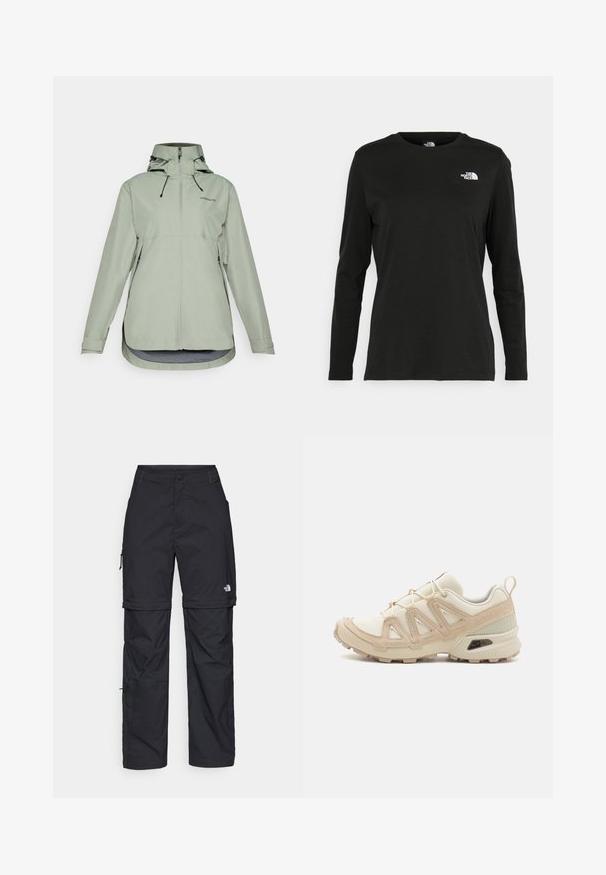 Vihreä vedenpitävä takki, jossa on huppu, vetoketjusulku, säädettävät nyörit ja sivutaskut. Takana pidempi helma.; Musta pitkähihaisen t-paita, joka on valmistettu puuvillasta ja jossa on pyöreä kaula-aukko. Vasemmassa rinnassa on pieni valkoinen logo. Yksinkertainen muotoilu ja istuvuus.; Mustat nailonista valmistetut irrotettavat cargo-housut säädettävillä lahkeilla, useilla taskuilla ja logolla oikeassa jalassa. Liukas, kevyt rakenne.; Beige ja kreemi värvi sportlikud jalanõud, millel on tekstiilne mesh ülemine osa, toetavad ülekatted ja kummist tald, millel on mustripattern haardeks.