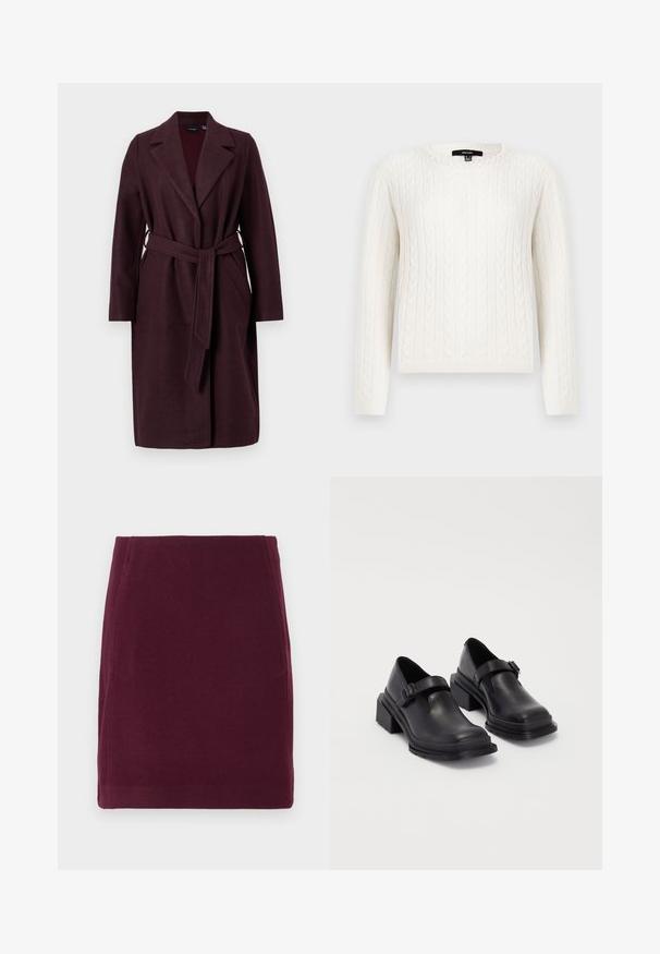 Casaco de lã burgundy com gola xale, mangas longas e um cinto de tecido correspondente. Apresenta bolsos laterais e um fecho de botão único.; Suéter branco em malha com trançado, apresentando mangas longas, decote redondo e um detalhe decorativo de pérola na gola. Textura suave e design ajustado.; Vero Moda VMFORTUNALLISON SHORT - Saia evasé - winetasting; Sapatos de couro pretos com um bico redondo, sola plana e uma fita com detalhe de fivela. Salto bloco robusto para maior estabilidade.