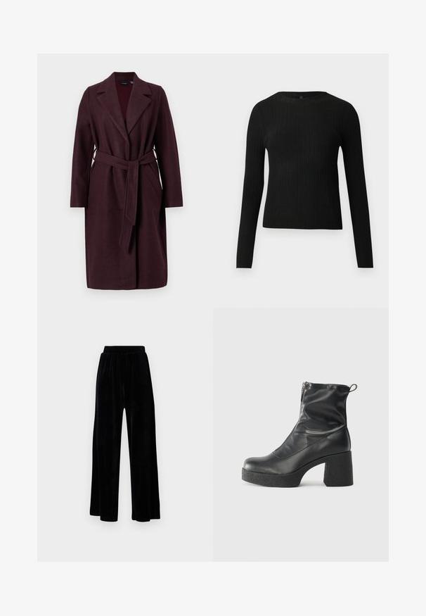 Burgundijas krāsas vilnas mētelis ar šaulu apkakli, garām piedurknēm un atbilstošu auduma jostu. Iespējas ar sānu kabatām un vienas pogas aizdari.; Melna, ribota, garām piedurknēm pieguļoša džemperis ar apaļu kakla izgriezumu, izlikta pret vienkāršu gaišu fonu.; Melni platajā stila bikses, izgatavotas no mīksta samta, ar elastīgu jostu un gludu tekstūru, bez redzamām detaļām vai rakstiem.; Melni potītes zābaki, kas izgatavoti no gludas ādas, ar sānu rāvējslēdzēju, masīvu strukturētu papēdi un noapaļotu purngalu.