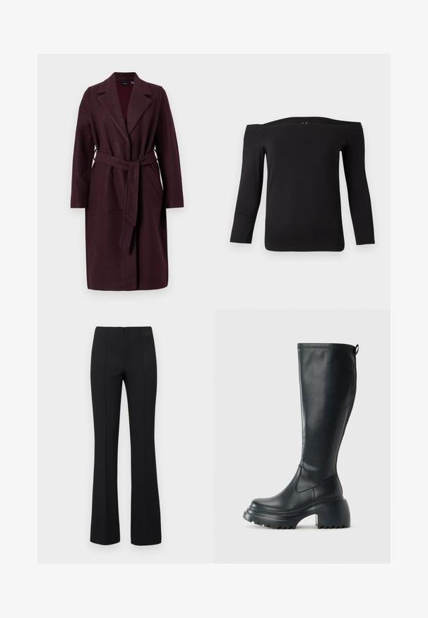Burgundská vlnená bunda s šálovým golierom, dlhými rukávmi a zodpovedajúcim opaskom. Obsahuje bočné vrecká a uzatváranie na jeden gombík.; Čierny top s dlhými rukávmi so spadnutými ramenami vyrobený z hladkej, elastickej látky. Má široký výstrih a priliehavý strih.; Čierne rozšírené nohavice s rebrovanou textúrou a priliehavým pásom. Dizajn obsahuje vertikálne švy pre štíhly vzhľad. Žiadne viditeľné kovové prvky.; Vysoká čierna kožená čižma s masívnou platformou a blokovým podpätkom, s praktickým pútkom a textúrovaným vzorom na podošve.