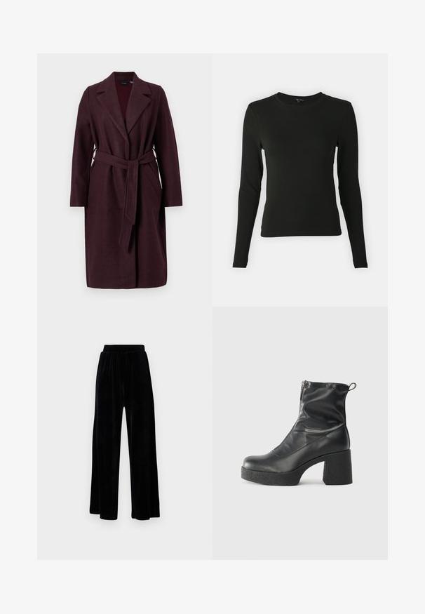 Burgundská vlnená bunda s šálovým golierom, dlhými rukávmi a zodpovedajúcim opaskom. Obsahuje bočné vrecká a uzatváranie na jeden gombík.; Halenka s dlhým rukávom v čiernej farbe, vyrobená z hladkej látky, so zaobleným výstrihom a priliehavým strihom, bez viditeľných vzorov alebo akcentov.; Čierne široké nohavice zo soft velvetu, s elastickým pásom a hladkou textúrou, bez viditeľných detailov alebo vzorov.; Čierne členkové topánky z hladkej kože, so bočným zipsom, robustnou textúrovanou pätnou časťou a zaobleným dizajnom špičky.