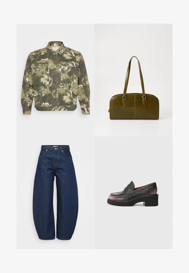 Karinio stiliaus marškinėlių švarkas žaliame kamufliažo rašte. Yra dekoratyvūs smeigėmis akcentai ant apykaklės ir rankovių, du krūtinės kišenės ir ilgomis rankovėmis.; Dryžuotas triuškinys mėlynos, baltos ir pilkos spalvų su sutrumpintu dizainu; turi išmegztus rankogalius ir apvadą; pagamintas iš minkštos mezgimo medžiagos.; Tamsiai mėlynos spalvos džinsai iš džinso audinio, platus, laisvas kirpimas. Yra užtrauktukas priekyje, keturios kišenės ir kontrastingos siūlės palei siūles.; Juodos odinės loafer'iai su apvalia nosimi, akcento juostele ir toniniu gradientu nuo juodos iki tamsiai rožinės spalvos kulno. Turi storą padą.; Alyvuogių žalio odinio rankinės, su išlenkta forma, dviem rankenomis ir vientisu priekiniu paviršiumi. Pasižymi lygiu paviršiumi ir subtiliomis siuvimo detalėmis.; Sidabrinė lankinė auskarai su poliruotu paviršiumi, turintys mažus auksinius akcentus ir apvalią formą, dėvimi ant ausies kaušelio.