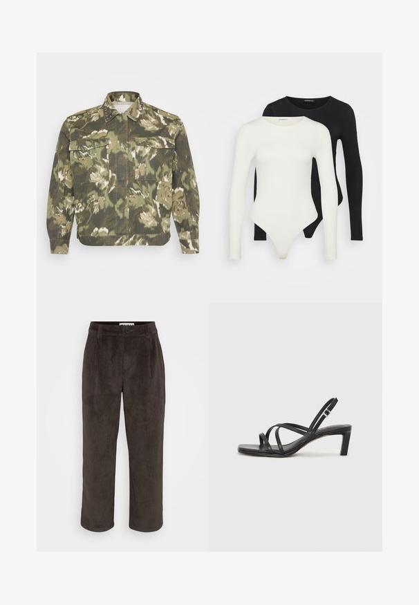 Militærstil skjortejakke i grønn camo-print. Har naglede detaljer på kragen og mansjettene, med to brystlommer og lange ermer.; To langermagede bodysuit i hvit og svart. Laget av glatt stoff, med rund hals og en thong-bunn for en strømlinjeformet passform.; Brune corduroy bukser med en lige ben design, subtil tekstur og en frontknaplukning med sidelommer.; Sorte sandaler med stropper, firkantet tå og lav blokk hæl. Har flere tynne stropper og en justerbar ankelstropp. Laget av glatt lær.