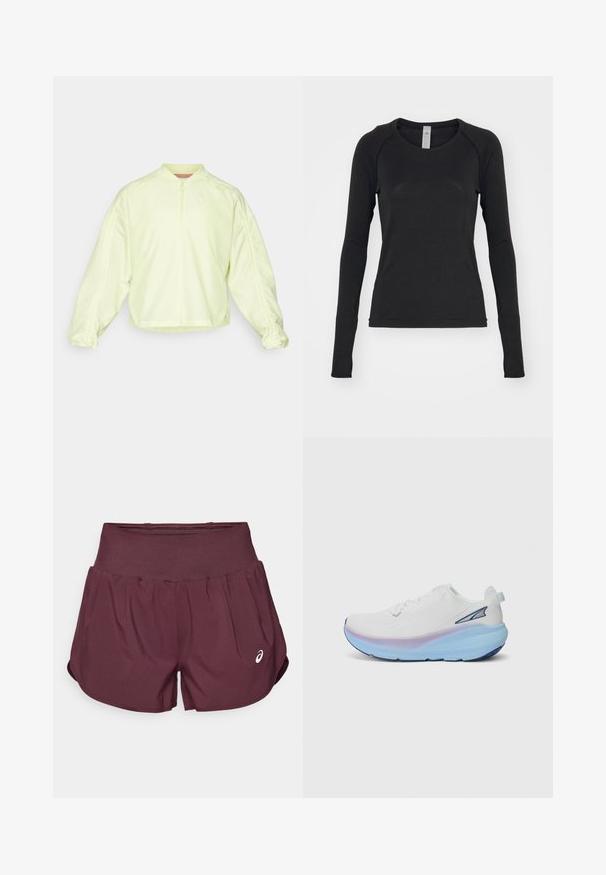 Giacca zip-up giallo chiaro con colletto alto, maniche over size e polsini elasticizzati. Presenta un logo discreto sul petto e una texture liscia.; Camicia a maniche lunghe nera, realizzata in tessuto morbido. Presenta un collo rotondo e maniche raglan con aperture per il pollice nei polsini. Design minimalista.; Pantaloni corti da corsa color marsala con cintura elastica, due tasche laterali e un logo sul davanti, realizzati in un tessuto leggero e flessibile.; Scarpa da corsa bianca con una tomaia testurizzata, caratterizzata da una suola in gradiente nei toni del blu e del viola, e un piccolo logo di accento sul lato.