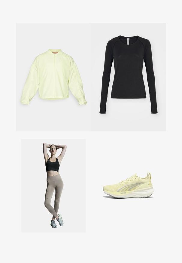 Lichtgele zip-up jas met een hoge kraag, oversized mouwen en elastische manchetten. Heeft subtiele merking op de borst en een zachte textuur.; Zwarte longsleeve shirt, gemaakt van zachte stof. Beschikt over een ronde hals en raglanmouwen met duimgaten bij de manchetten. Minimalistisch ontwerp.; Zwarte sportbeha en beige hoge taillelegging, met zijnaad en accenten. Model draagt lichtgrijze sportschoenen met een gevoerde zool.; Lichtgele sportschoen met een gestructureerde bovenkant, grijze accenten en een gevoerde zool. Beschikt over een vetersluiting en een lus aan de hiel.