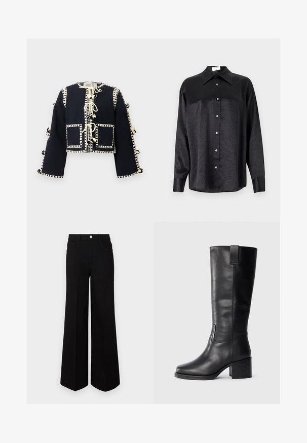 Zwarte lang-sleeve cropped jack met crèmekleurige decoratieve stiksel, voortassen en pompon-touwtjes langs het midden en de mouwen.; Zwarte blouse met lange mouwen en een kraag, voorzien van een gekreukt oppervlak, volwaardige knopen aan de voorkant en manchetten. Gemaakt van een gladde stof.; Zwarte wijde jeans gemaakt van stevig materiaal, met een hoge taille, voorzakken en een knopen sluiting aan de voorkant. Rechte zoom aan de onderkant.; Zwarte leren kniehoge laarzen met een gladde textuur, vierkante neus, blokhak en zijhandvat, met minimale stikseldetails.