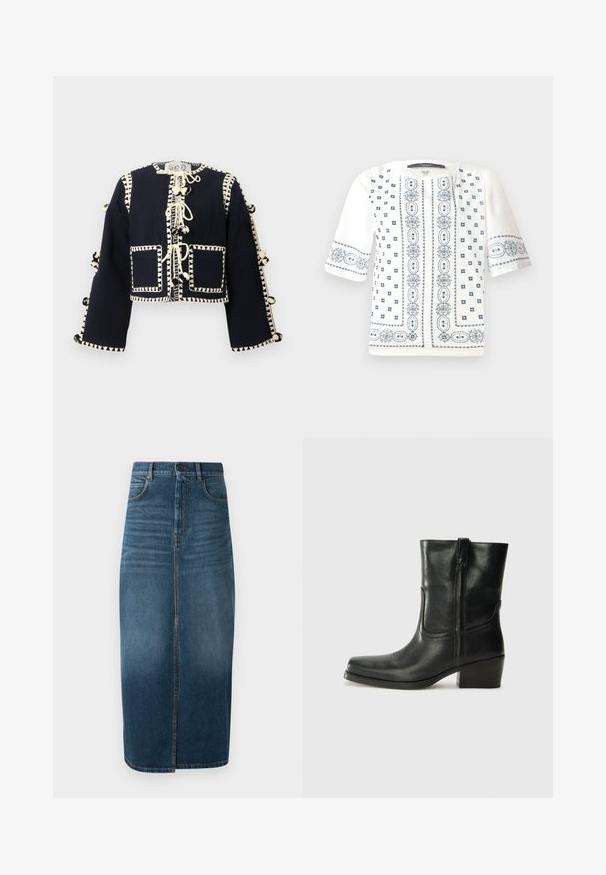 Melns garo piedurkņu īss jaciņš ar krēmkrāsas dekoratīvu šuvumu, priekšējām kabatām un pom-pom saišu pa vidu un piedurknēm.; Balts īsajām piedurknēm blouse ar zilu ziedu izšuvumu, apaļu kakla izgriezumu un sarežģītiem rakstiem pa priekšu un piedurknēm.; Tumši indigo džinsu midi svārki ar priekšējo šķēlumu un vieglu izbalējumu. Klasicks piecu kabatu dizains ar metāla pogas aizdari.; Melna ādas potīte ar noapaļotu purngalu, bloku papēdi, sānu rāvējslēdzēju un šuvju akcentiem uz virsmas. Gluda tekstūra, klasiskā dizaina.