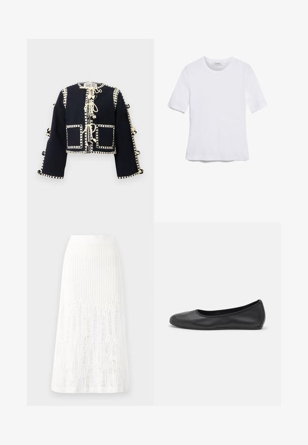 Schwarze, kurz geschnittene Jacke mit langen Ärmeln, dekorativer cremefarbener Naht, vorderen Taschen und Pom-Pom-Bändern entlang der Mitte und an den Ärmeln.; Weißes kurzärmliges T-Shirt aus geripptem Stoff. Runder Halsausschnitt, normale Passform und dezente Nähte. Keine Muster oder Grafiken.; Gestreifte weiße Midi-Rock aus Strick mit einem strukturierten Muster und Ausschnitten am Saum. Elastischer Bund. Weiches Material.; Schwarze Leder-Ballettschuhe mit abgerundeter Spitze, glatter Textur, minimalen Nähdetails und einem flexiblen Sohlen-Design.