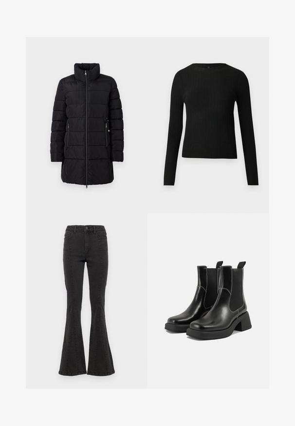 Čierny prešívaný kabát s vysokým golierom, vertikálnym prešívaním, dvoma bočnými vreckami na zips a predným zipsom. Hladká textúra.; Čierny rebrovaný pulóver s dlhým rukávom, priliehajúci, s okrúhlym výstrihom, vystavený na jednoduchom svetlom pozadí.; Čierne denimové rozšírené džínsy s vysokým pásom, obsahujúce bočné švy a čistý okraj na leme. Látka má hladkú textúru s miernym elastickým efektom.; Čierne kožené Chelsea čižmy s robustným podpätkom, elastickými bočnými panelmi a kontrastným bielym prešívaním. Textúrovaný povrch.