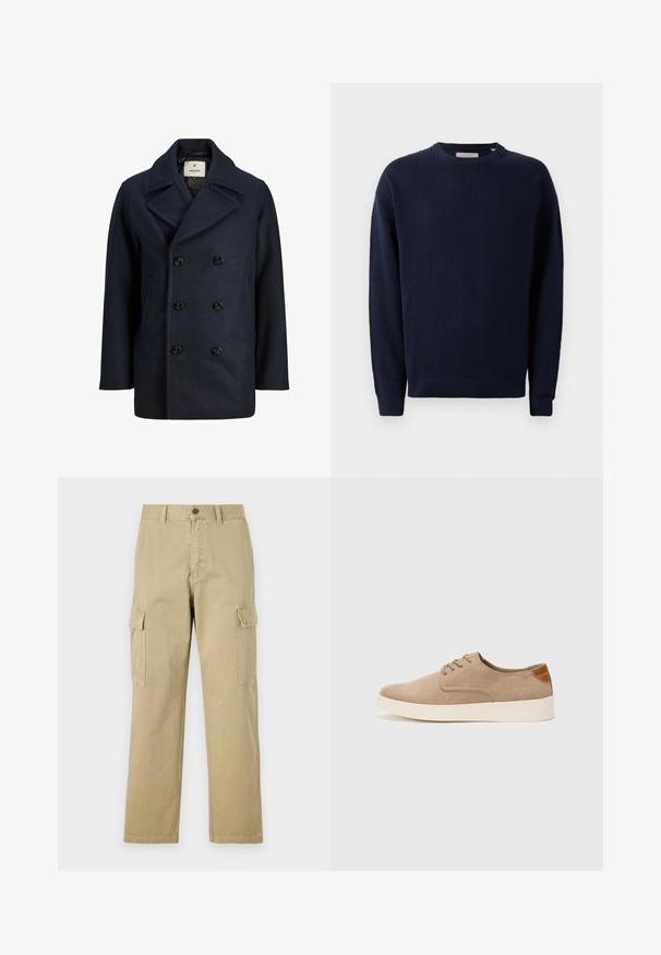 Cappotto navy in misto lana, con chiusura con bottoni doppi, ampio colletto e tasche laterali. Finitura testurizzata con fodera liscia.; Maglione lavorato a maglia di colore navy con collo rotondo, maniche lunghe e polsini a costine. Tessuto testurizzato con un motivo sottile e vestibilità regolare.; Pantaloni cargo beige in cotone, dotati di due tasche laterali, chiusura con bottone e gamba dritta con tessuto leggermente texture.; Sneaker in suede beige con punta arrotondata, stringhe davanti e un accento testurizzato sul retro. La suola in gomma bianca offre un contrasto. Design semplice e moderno.