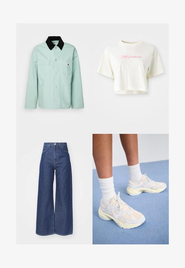 Miętowa kurtka z bawełny z czarnym kołnierzem z sztruksu. Posiada dwie kieszenie na piersi oraz dwie duże kieszenie z przodu, z srebrnymi zatrzaskami.; Krótka, kremowa koszulka wykonana z bawełny. Posiada różowy haftowany logo z napisem "Nike Sportwear". Krótkie rękawy i okrągły dekolt.; Szerokie dżinsy wykonane z ciemnoniebieskiego denimu. Wysoki stan z zapięciem na suwak i guzik. Posiada klasyczny pięcio-kieszeniowy styl oraz podwinięte końce.; Smukłe buty sportowe w jasnym żółtym i białym kolorze, wykonane z siateczki i materiałów syntetycznych, o zaokrąglonym kształcie i teksturowanych podeszwach.