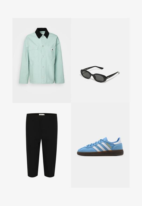 Mint zelena jakna od pamuka s crnim kašmirskim ovratnikom. Ima dvije džepove na prsima i dva velika prednja džepa, sa srebrnim dugmadi na drukere.; Bijela majica kratkih rukava izrađena od glatkog materijala, s okruglim izrezom i suptilnim detaljima šivanja na rubu.; Crne bermude od tkanog materijala. Sadrže dva prednja džepa i uredan pojas s petljama za remen. Glatka tekstura i kroj koji se dobro uklapa.; Svijetloplave nubuk tenisice s bijelim kožnim trakama, smešim teksturiranim đonom i zlatnim logom. Dizajn niskih tenisica s zaobljenim vrhom.; Crne sunčane naočale s ovalnim lećama, sjajnim plastičnim okvirom i tankim krakovima. Značajka je Ray-Ban logo u bijeloj boji s strane.