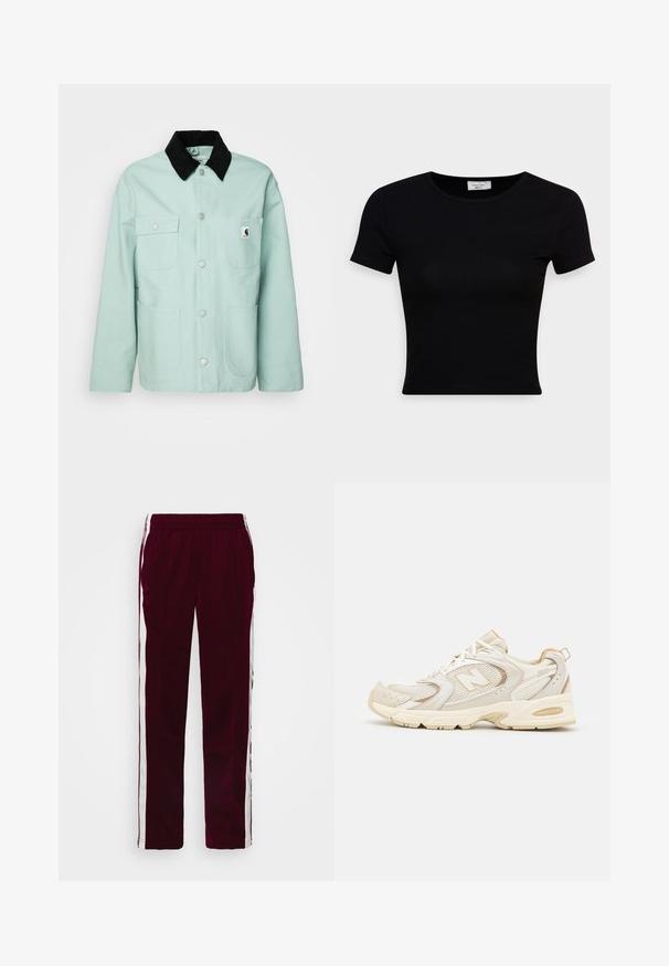 Mintgrønn jakke laget av bomull med en svart kordfløyelskrage. Har to brystlommer og to store frontlommer, med sølvfargede trykknapper.; Svart t-skjorte med korte ermer laget av glatt bomullsstoff, med rund hals og en figursydd design. Minimalistisk uten synlige mønstre.; Burgunderfargede treningsbukser med snøring i midjen, hvite sidestreker, og smal passform. Laget av et glatt, lett stoff.; Beige idrettssko med mesh og syntetiske dekninger, med en teksturert overflate, polstret krage og "ABZORB" demping i hælen.