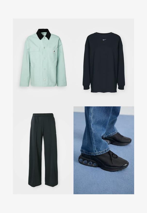 Mentazöld pamutdzseki fekete kordbársony gallérral. Két mellzsebbel és két nagy elülső zsebbel rendelkezik, ezüst színű patentgombokkal.; Fekete, hosszú ujjú pamut póló kerek nyakkivágással. Fehér Nike logó található a mellrészen. Puha tapintás, egyszerű design.; Fekete, bővülő szárú sportnadrág rugalmas derékkal. Simaság és rugalmasság jellemzi, finom elülső varrásokkal és zsebek nélkül.; Fekete sportcipők hálós felsőrésszel, textúrázott részletekkel és a talpban látható lég párnázó zsebekkel. Kék farmernadrággal viselve.