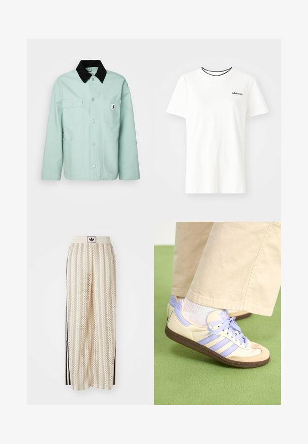 Mintgrøn jakke lavet af bomuld med en sort kordfløjlskrave. Har to brystlommer og to store frontlommer, med sølvtrykknapper.; Hvid bomulds t-shirt med korte ærmer og rund halsudskæring. Har et sort Adidas-logo på brystet og en kontrasterende sort indvendig krave.; Cremefarvede bukser med vidde, der har et zigzag-mønster, med en sort logoelastik i taljen og sorte striber på siden. Letvægtigt, tekstureret stof.; Creme og lavendel sneakers med tre striber og en tekstureret brun sål, der har snørebånd og en polstret hæl. Blødt stof øvre.