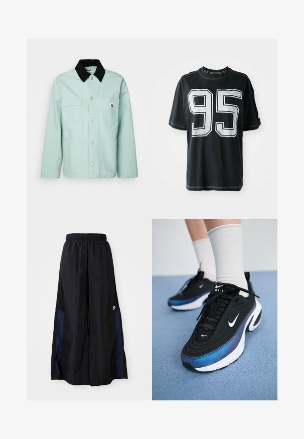 Jachetă verde mentă din bumbac, cu un guler din catifea neagră. Dispune de două buzunare pe piept și două buzunare frontale mari, cu capse argintii.; Tricou din bumbac negru cu mâneci scurte, având numărul alb tipărit "95" pe față și cusături contrastante pe margini.; Pantaloni negri cu croi larg, confecționați dintr-un material ușor, având un panou lateral albastru marin și un brâu elastic. Logo mic alb în partea de jos.; Adidași negri Nike cu un material superior neted, având un design în gradient de la albastru la negru, talpă albă și accente logo proeminente.