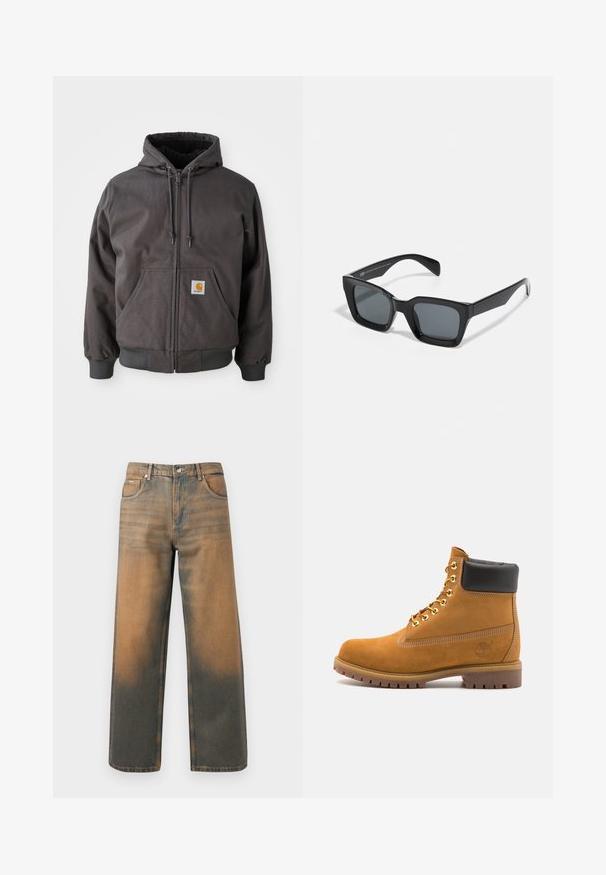 Szara bawełniana bluza z kapturem na zamek, z dużą przednią kieszenią, ściągaczami przy mankietach i dolnej krawędzi. Posiada sznurek w kapturze oraz naszywkę z logo marki.; Biała bluza z kapturem, z dużym nadrukiem w formie identyfikatora w kolorach niebieskim, żółtym i czarnym, z kieszenią z przodu i ściągaczem na kapturze.; Jeansy o szerokich nogawkach w przetartym niebieskim i brązowym denimp. Posiadają wysoki stan, przednie kieszenie oraz klasyczne zapięcie na guzik z metalowymi akcentami.; Beżowe zamszowe botki sięgające kostki z czarną wyściełaną krawędzią, złotymi oczkami, białymi detalami szycia oraz wytrzymałą gumową podeszwą z wyraźnym bieżnikiem.; Czarne prostokątne okulary przeciwsłoneczne z ciemnymi soczewkami. Plastikowa oprawka o błyszczącym wykończeniu, z szerokim mostkiem i lekko zwężającymi się ramionami.