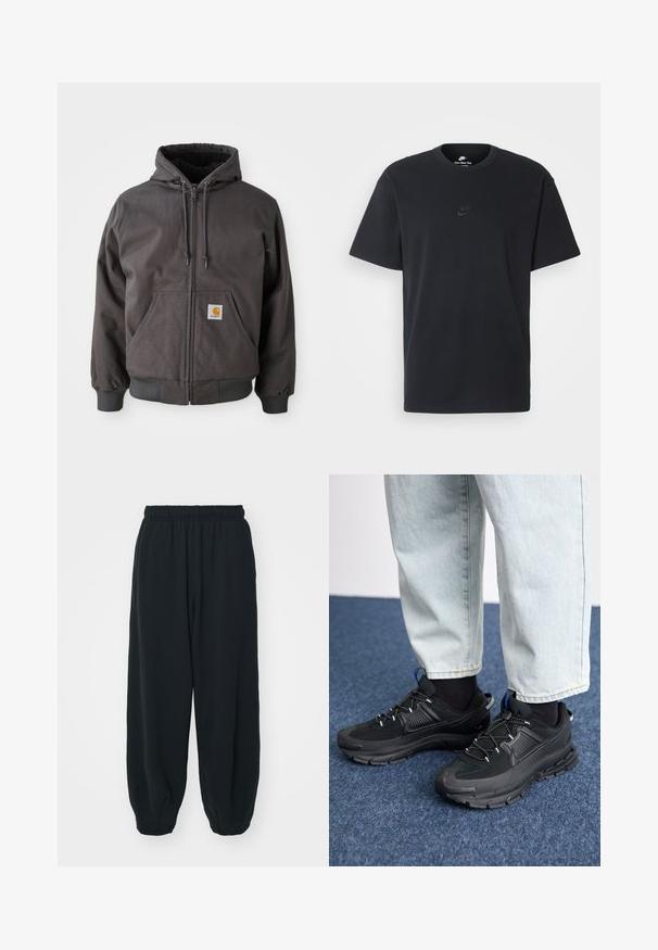 Grauer Baumwoll-Zip-Hoodie mit großer Fronttasche, gerippten Bündchen und Saum. Mit Kordelzügen an der Kapuze und einem Markenlogo-Patch.; Schwarzes Baumwoll-T-Shirt von Nike mit klassischem Rundhalsausschnitt, kurzen Ärmeln und einem dezenten, geprägten Logo auf der Brust. Glatte Textur.; Schwarze Sweatpants mit elastischem Bund, lockerer Passform, gerippten Beinabschlüssen, glatter Textur und ohne sichtbare Muster oder Hardware-Akzente.; Schwarze Sportschuhe aus strukturiertem Stoff mit Gummisohlen, ausgestattet mit elastischen Schnürsenkeln und einem blauen Akzent an der Ferse. Getragen mit hellen Jeans.