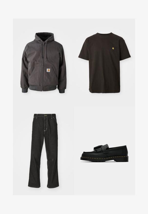 Sweatshirt cinza de algodão com fecho éclair, um grande bolso frontal, punhos e barra canelados. Apresenta cordões na capuz e um remendo com o logótipo da marca.; Camiseta de algodão preta com decote redondo, mangas curtas e um pequeno logótipo amarelo no peito. Corte clássico com uma textura suave.; Calças de ganga pretas de corte largo, com costuras brancas em contraste, fecho de botão e design de perna reta.; Loafer de couro preto com franjas, costura amarela ao longo da sola e uma sola de borracha espessa e estriada.