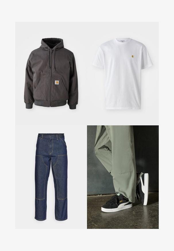 Szara bawełniana bluza z kapturem na zamek, z dużą przednią kieszenią, ściągaczami przy mankietach i dolnej krawędzi. Posiada sznurek w kapturze oraz naszywkę z logo marki.; Biała bawełniana koszulka z krótkim rękawem, okrągłym dekoltem, z małym złotym logo na lewej części klatki piersiowej. Miękka textura i regularny krój.; Granatowe dżinsy z wysokim stanem, prostym krojem nogawek, kontrastowym wykończeniem szwów oraz kieszeniami naszytymi z przodu.; Czarne zamszowe trampki z białymi gumowymi podeszwami i bocznymi paskami, w połączeniu z jasnoszarymi spodniami cargo, stoją na teksturowanej ciemnej powierzchni.