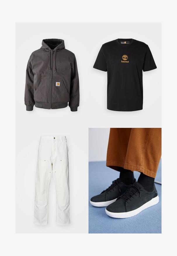 Felpa con zip grigia in cotone, dotata di una grande tasca frontale, polsini e orlo a coste. Presenta lacci sul cappuccio e un patch con il logo del marchio.; T-shirt in cotone nero con logo ad albero dorato e testo "Timberland". Collo a giro e maniche corte, con una texture liscia.; Pantaloni cargo bianchi in cotone con vestibilità rilassata. Tra le caratteristiche ci sono tasche frontali, dettagli in metallo dorato e sezioni rinforzate sulle ginocchia.; Sneakers in suede nera con suole in gomma bianca, dotati di un design con lacci, accenti testurizzati e branding sottile, abbinati a pantaloni marroni.