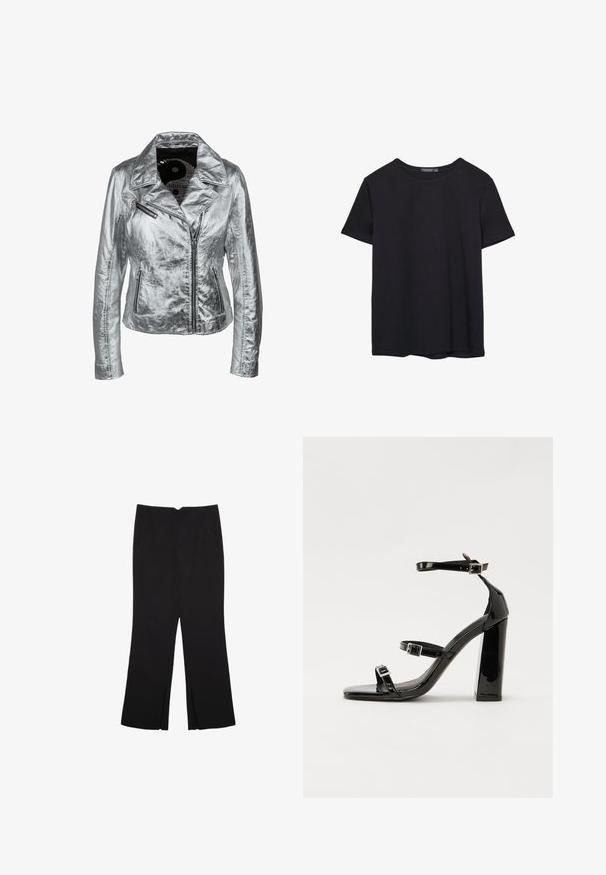 Silverfärgad metallisk dammotorcykeljacka med en klädd krage, flera dragkedjor och en något rynkad textur. Har två sidofickor.; En enkel svart bomulls T-shirt med kort ärm och rund hals, uppvisad på en vit bakgrund.; Svarta byxor med rak passform, utrustade med framfickor och sidoklyvningar vid fållen. Tillverkade av mjukt, slätt tyg. Lämpliga för olika tillfällen.; Svarta lackerade högklackade sandaler med två spännband, fyrkantig tå och en tjock klack, med en slät och glansig yta.