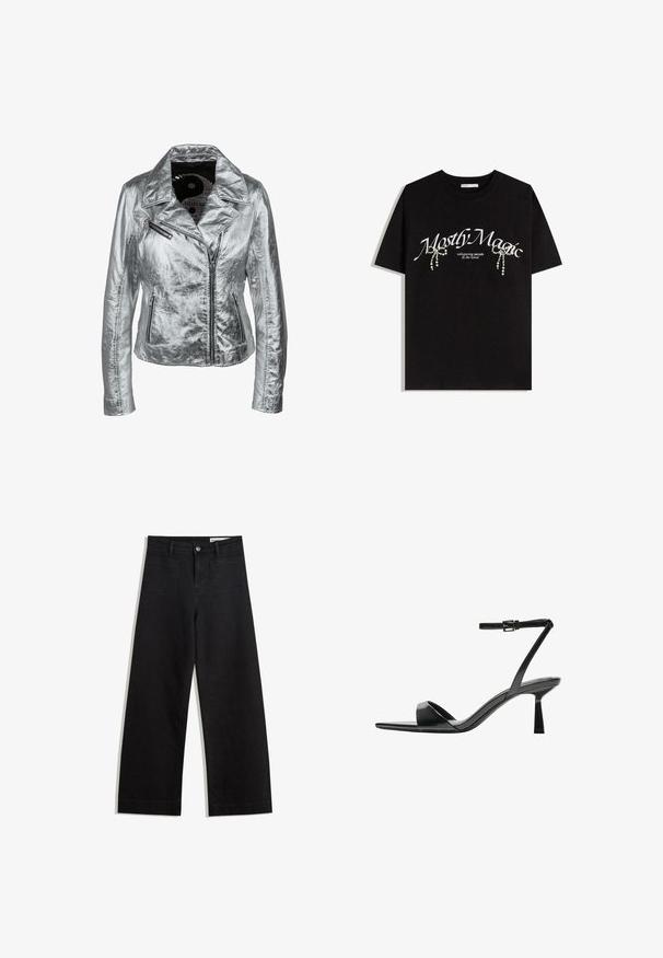 Stříbrná metalická dámská motorkářská bunda s klopovým límečkem, několika zipy a mírně zmačkanou texturou. Obsahuje dvě boční kapsy.; Černé bavlněné tričko s bílým nápisem "Mostly Magic", zdobené dekorativními perlami. Krátké rukávy, volný střih, kulatý výstřih.; Černé denimové kalhoty s volným střihem a vysokým pasem, vybavené předními a zadními kapsami, prošívanými švy a knoflíkovým zapínáním. Hladká textura.; Bershka Sandály na vysokém podpatku - black